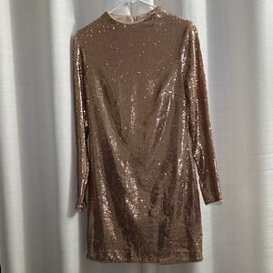 Calvin Klein Shimmering Sequin Long Sleeve Dress in Gold